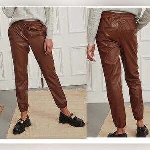 RW&CO dark camel brown faux leather Pleather vegan joggers pant drawstring waist